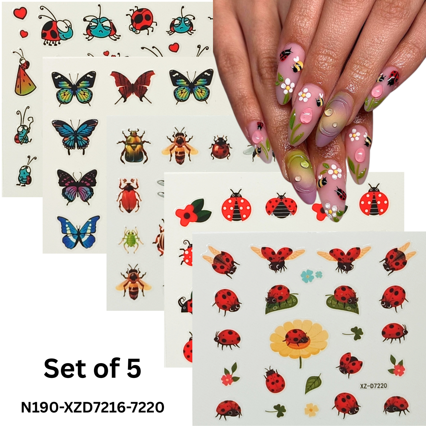 5 Sheets 3D Insect Nail Stickers Set – Butterflies, Beetles, Ladybugs & More