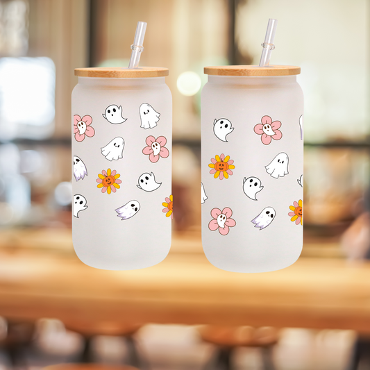 Ghost & Flower Frosted Glass Cup 16oz/20oz – Clear Tumbler with Bamboo Lid, Straw & Brush, Halloween Autumn Drinkware