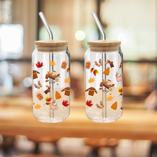 Fall Leaves Glass Cup 16oz/20oz – Clear Can Tumbler with Bamboo Lid, Straw & Brush