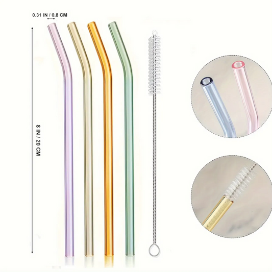 1 Set (4 Straws + 1 Brush) Colorful Glass Straws