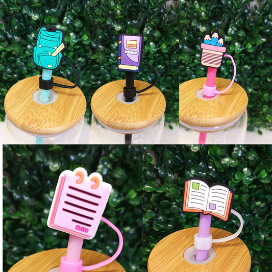 School Supplies Straw Topper 8mm – Cap, Book, Pen & Notebook – Cute Back to School Drink Charm