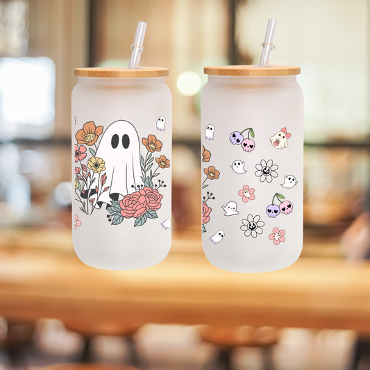 Halloween Ghost & Flower Frosted Glass Cup – Clear 16oz/20oz Tumbler with Bamboo Lid & Brush