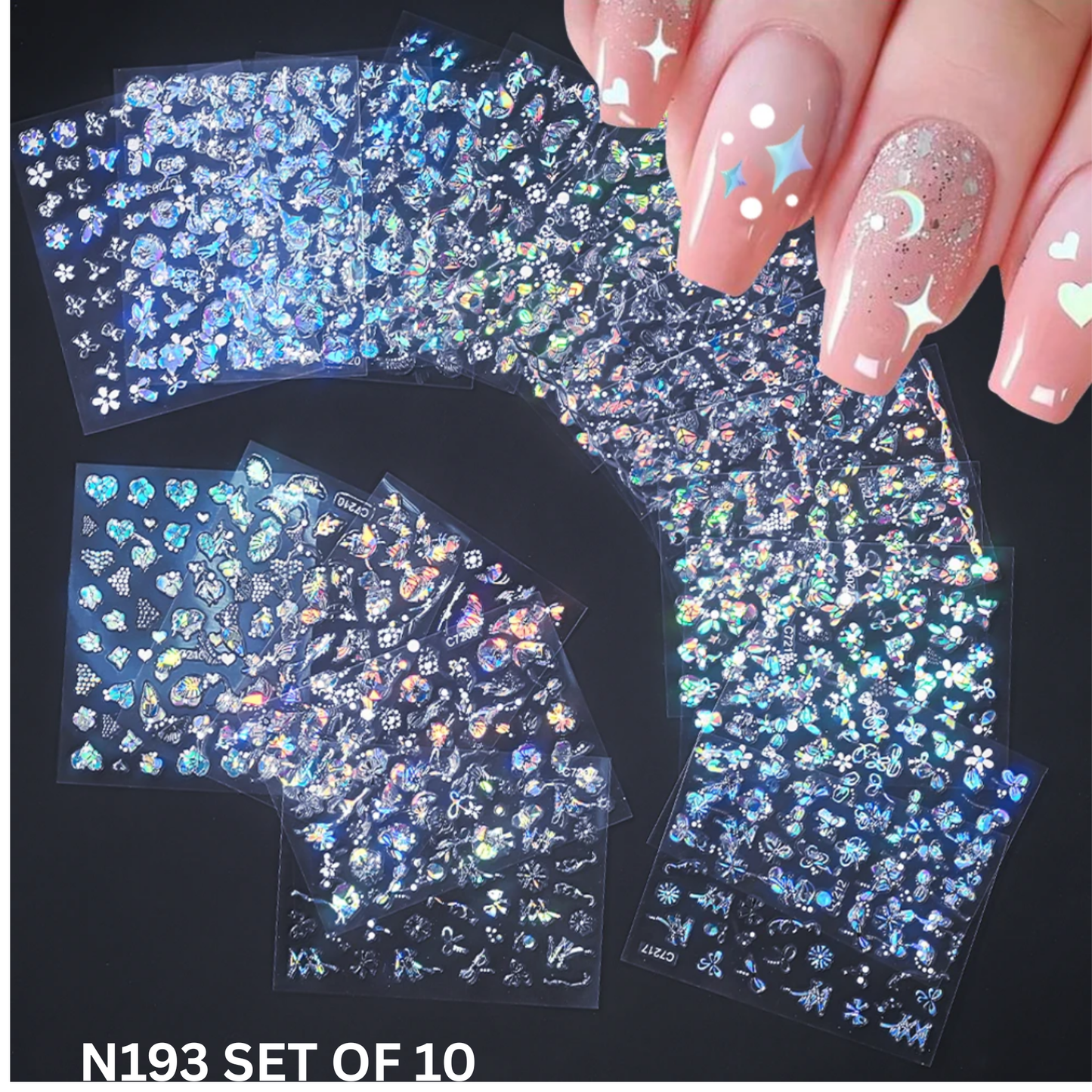 Holographic Nail Decals Set – Shimmering Stars, Hearts & Moons (Pack of 10)