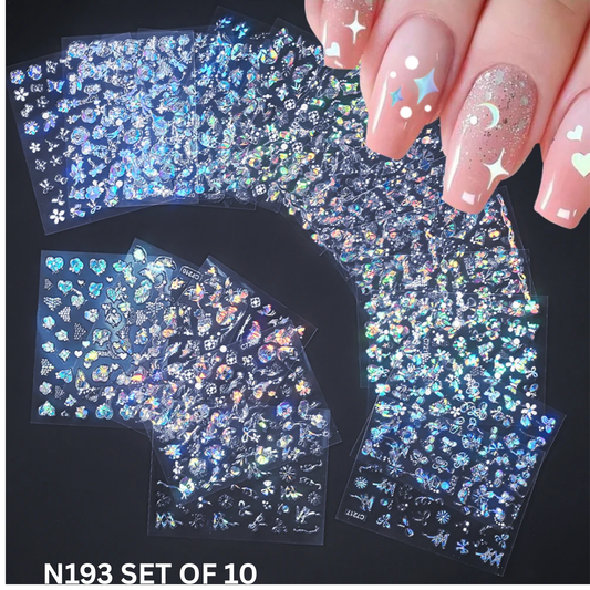Holographic Nail Decals Set – Shimmering Stars, Hearts & Moons (Pack of 10)