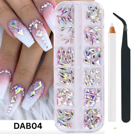 Crystal Glass Rhinestone Set 12 Shapes Flatback Gems with Picker Pencil Tweezers Tool Kit Nail Art Craft DIY