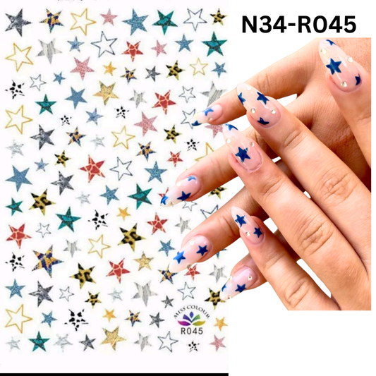 Stars Nails 3D Sticker Multicolor color, Nail Art Sticker Acrylic, Dipping, Gel X, Gel Manicure Pedicure