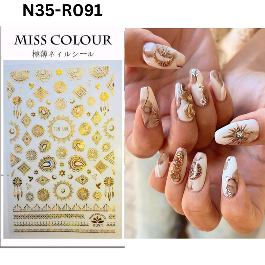 3D Nail Art Stickers Gold Boho Sun & Moon Design Decals