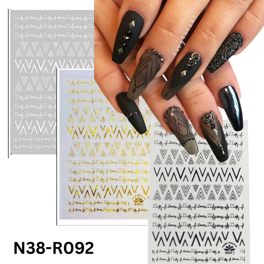 3D Nail Art Stickers Geometric & Script Design Decals (Gold, Black, White)