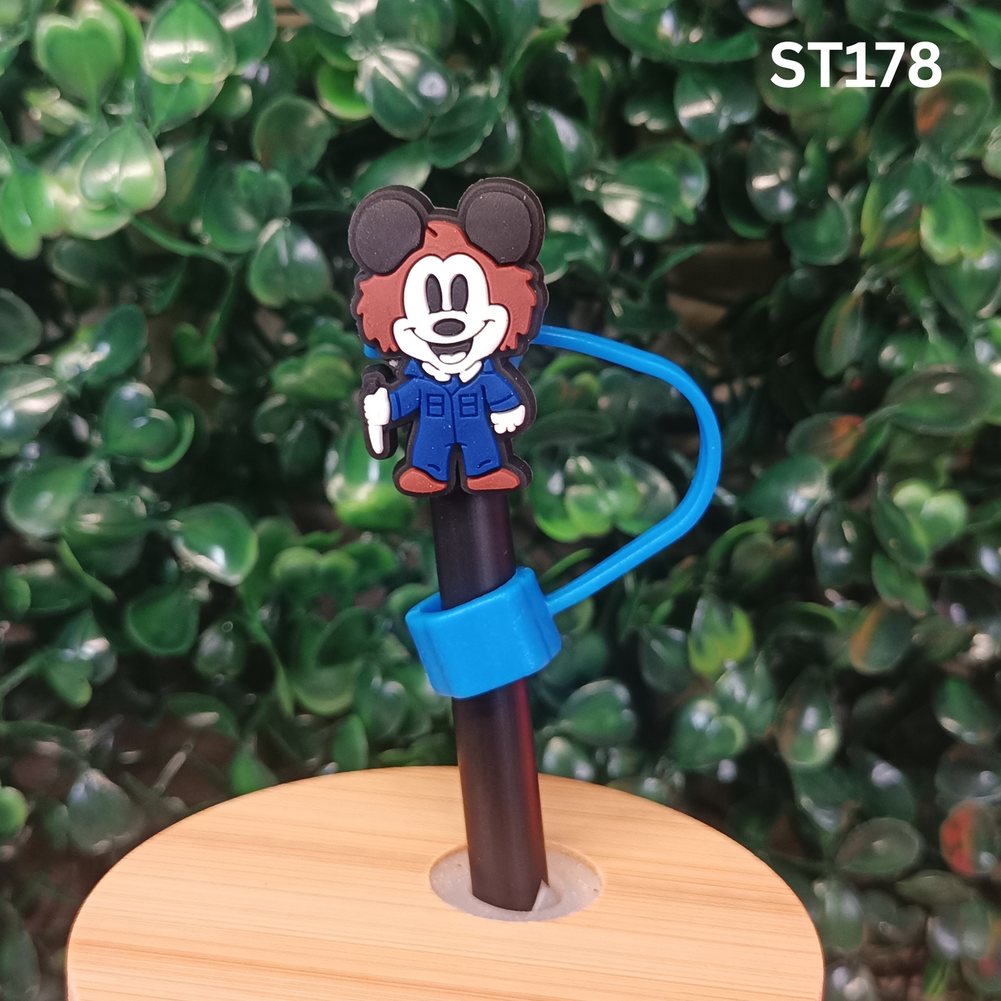Cute Mouse Character in Blue Jumpsuit Silicone Straw Topper – Fits 10mm Straws