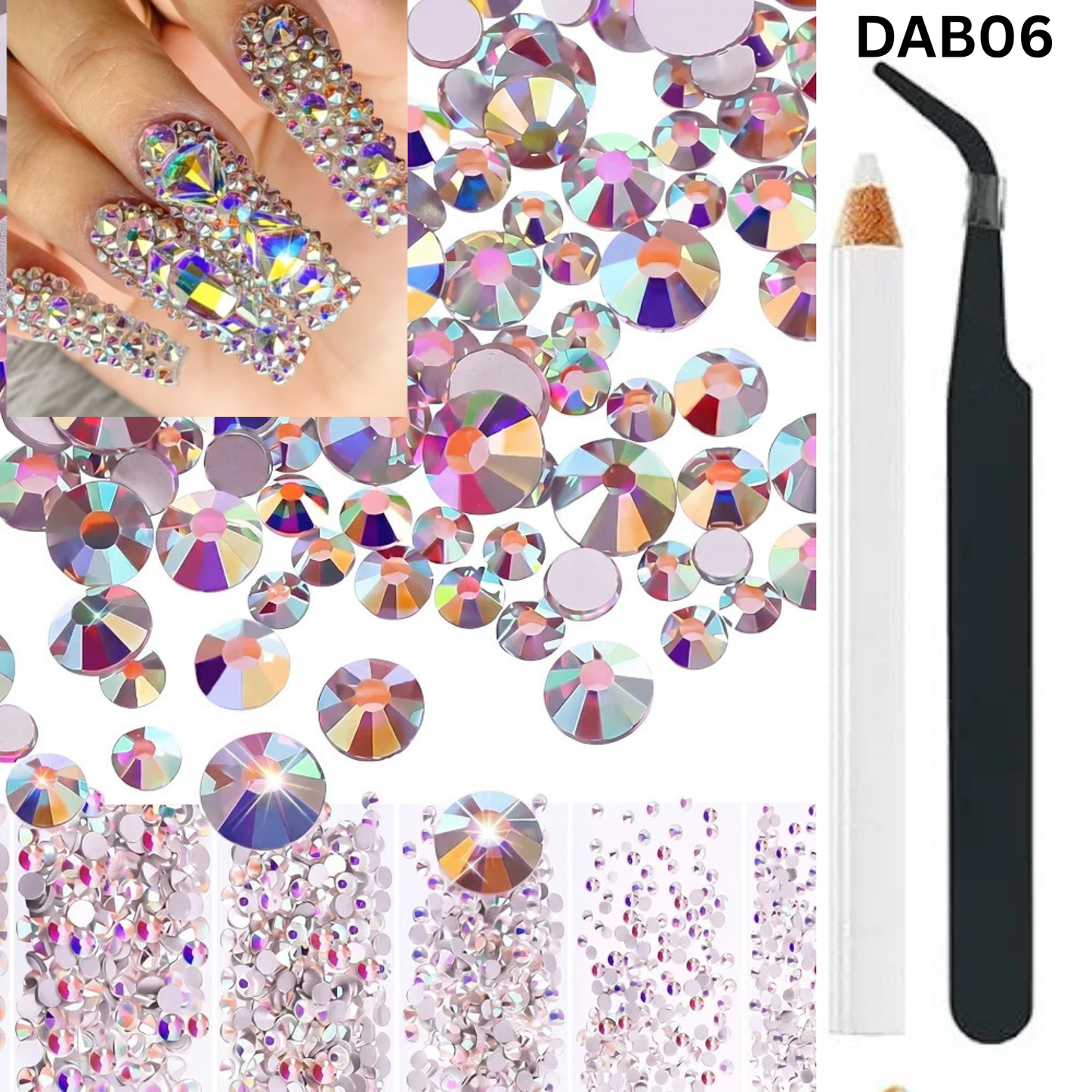 Crystal Glass 3440 Pcs Round Rhinestones Flatback Gems Set with Picker Pencil Tweezers Tool Kit Nail Art Craft DIY