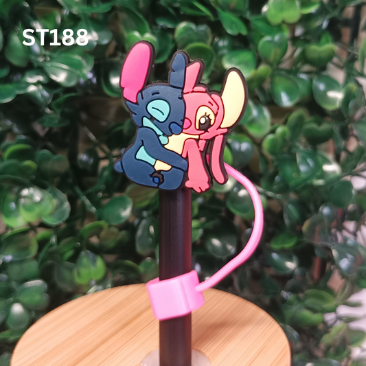 Cute Stitch and Angel Hugging Straw Topper 10mm - Silicone Straw Cover for Stanley Cup