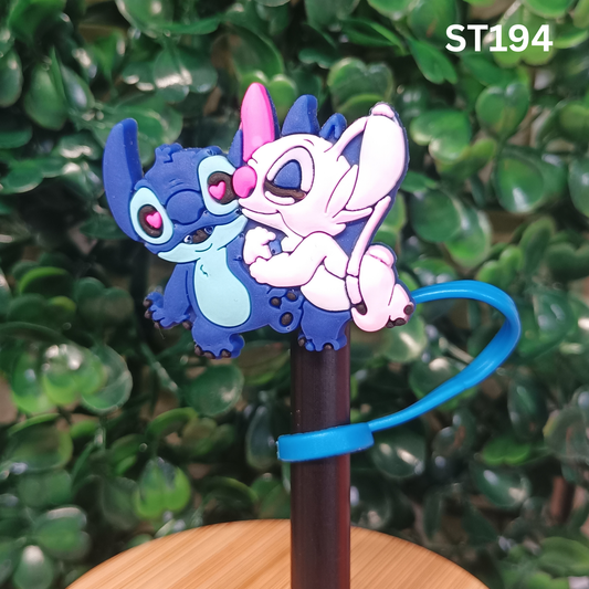 Cute Stitch and Angel Hugging Straw Topper 10mm - Silicone Straw Cover for Stanley Cup