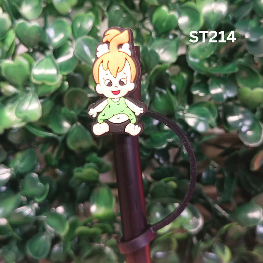 Prehistoric Baby Girl in Green Outfit Straw Topper - 10mm Silicone Dust Cap for Stanley Cups