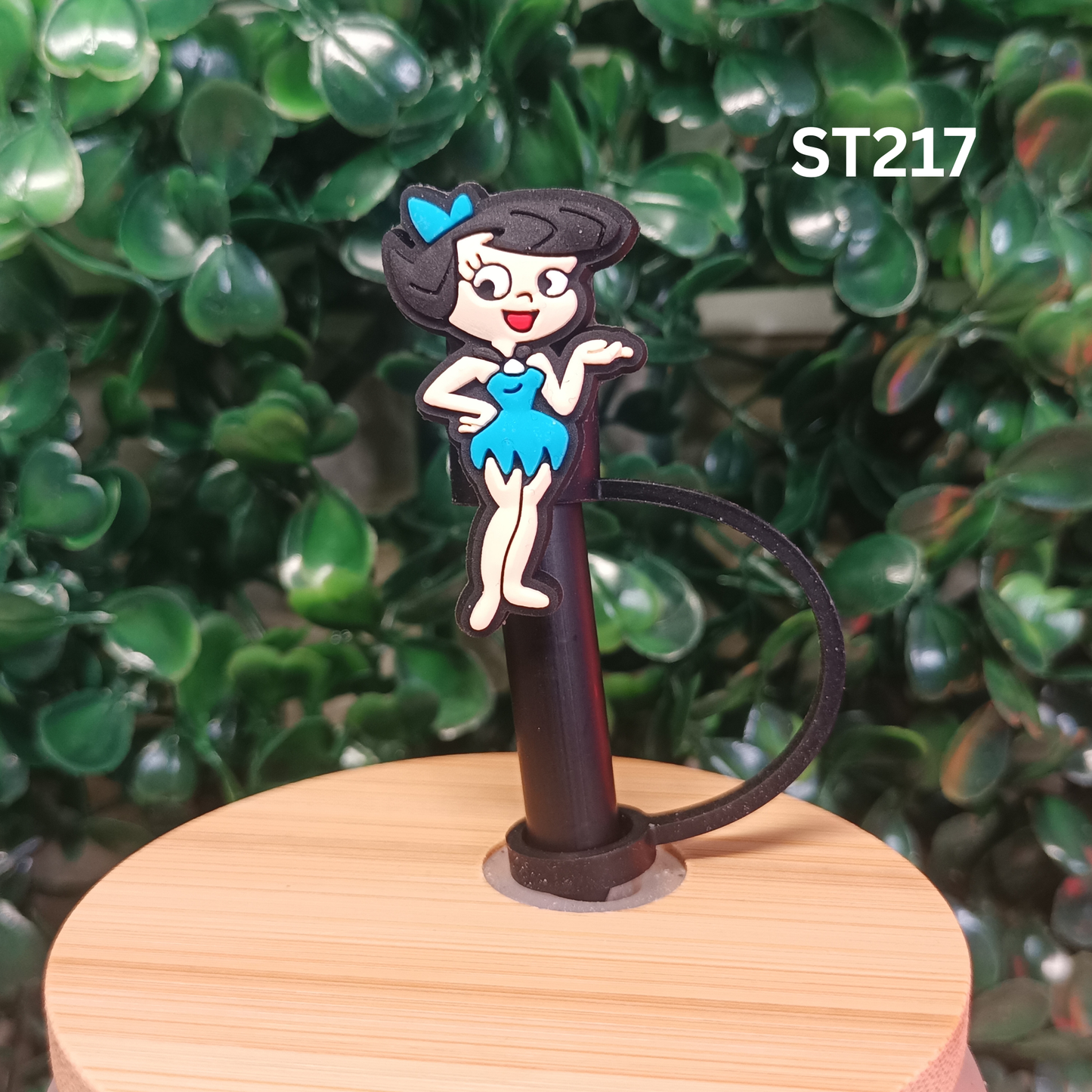 Stone Age Woman in Blue Dress Straw Topper - 10mm Silicone Dust Cap for Stanley Cups
