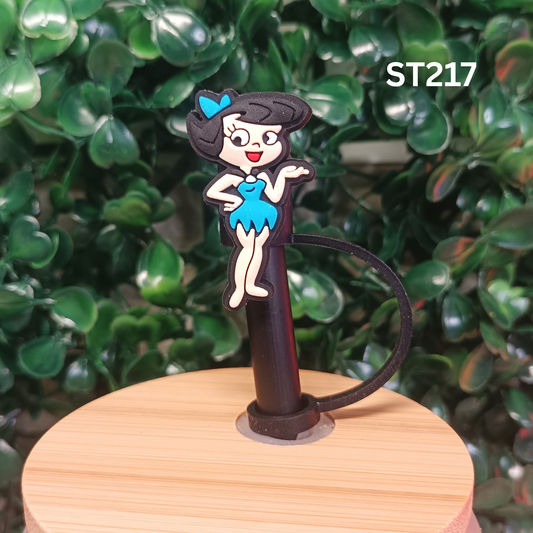 Stone Age Woman in Blue Dress Straw Topper - 10mm Silicone Dust Cap for Stanley Cups