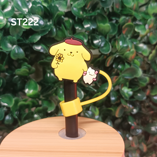 Cute Yellow Puppy with Brown Beret Straw Topper - 10mm Silicone Dust Cap for Stanley Cups