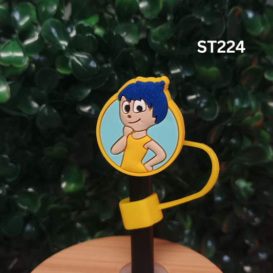 Happy Blue Hair Girl Cartoon Straw Topper - 10mm Yellow Silicone Dust Cap for Stanley Cups