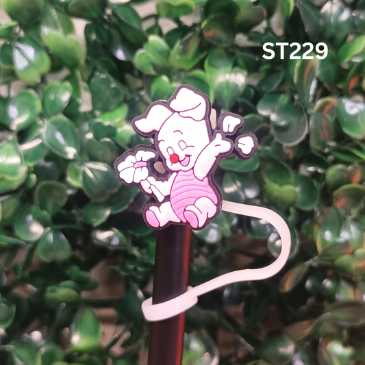 Cute Pink Little Pig Holding Flower Straw Topper - 10mm Silicone Dust Cap for Stanley Cups