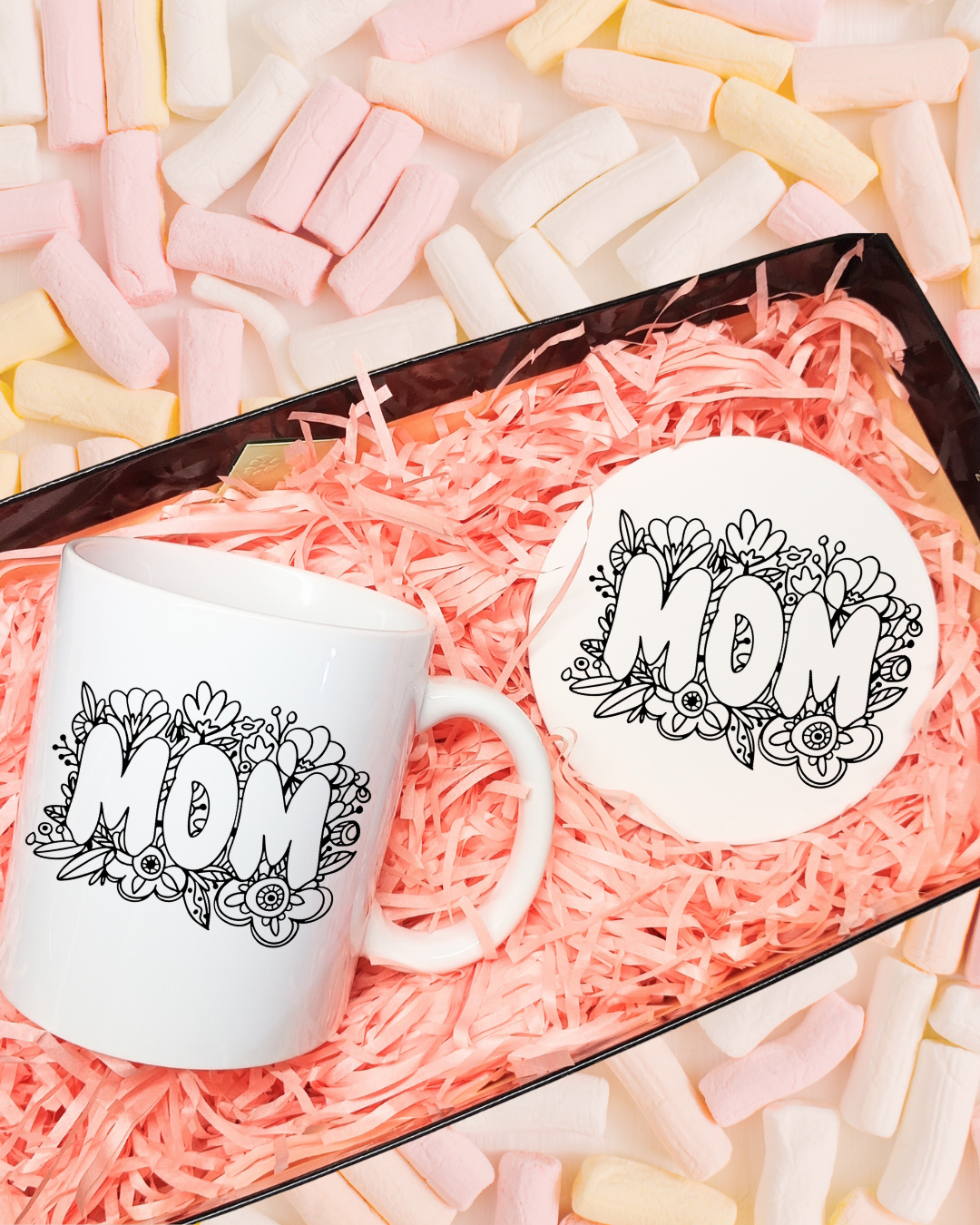 Ceramic Mug Set, Floral Mom Mug with Matching Coaster Gift Idea , Mothers Day Gift