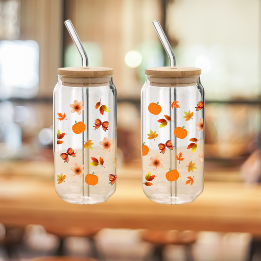 Fall Pumpkin Clear Glass Can Cup with Bamboo Lid, Straw & Brush – Autumn Leaves Tumbler (16oz/20oz)