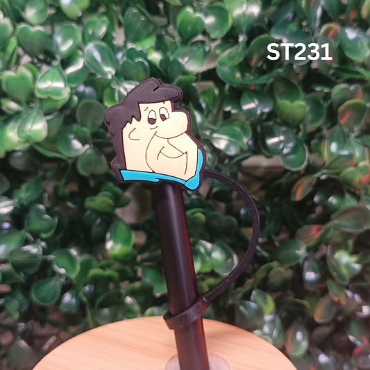 Stone Age Man with Black Hair Straw Topper - 10mm Silicone Dust Cap for Stanley Cups