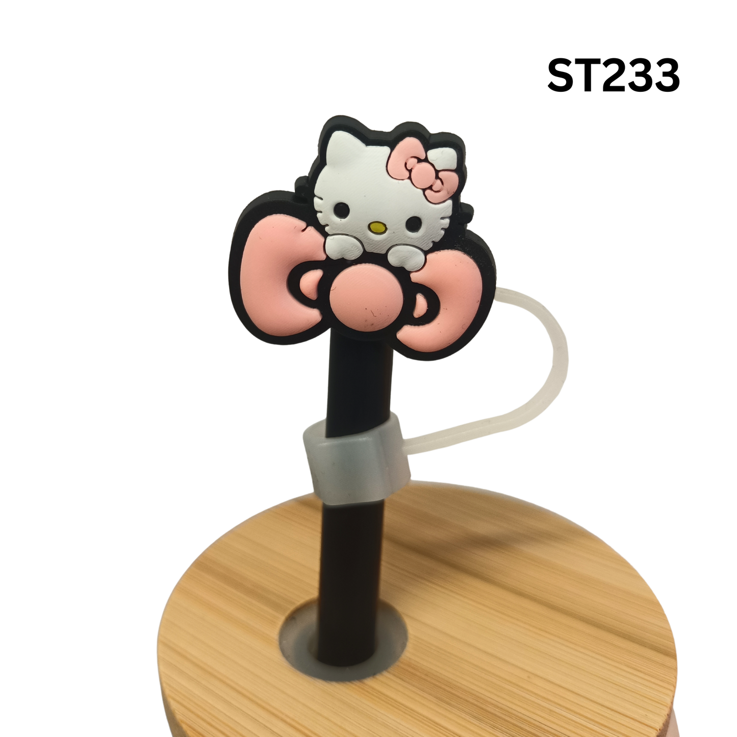 Cute Cartoon Kitty Large Pink Bow Silicone Straw Cover Cap Dust Proof Plug Decor