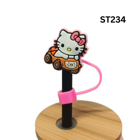 Cute Cartoon Kitty Driving Orange Car Silicone Straw Cover Cap Dust Proof Plug Decor