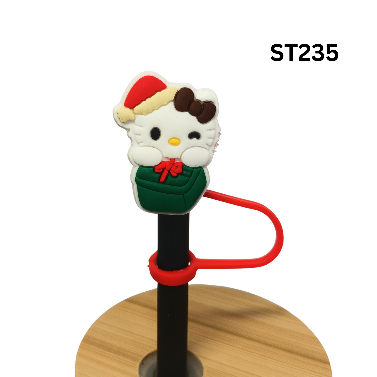 Cute Christmas Cartoon Kitty Santa Hat Present Silicone Straw Cover Cap Dust Proof Plug Decor