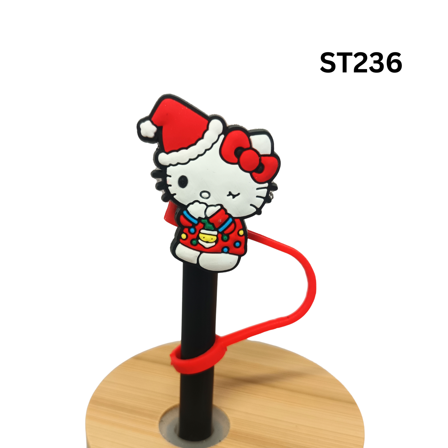 Cute Christmas Cartoon Kitty Santa Hat Sweater Silicone Straw Cover Cap Dust Proof Plug Decor