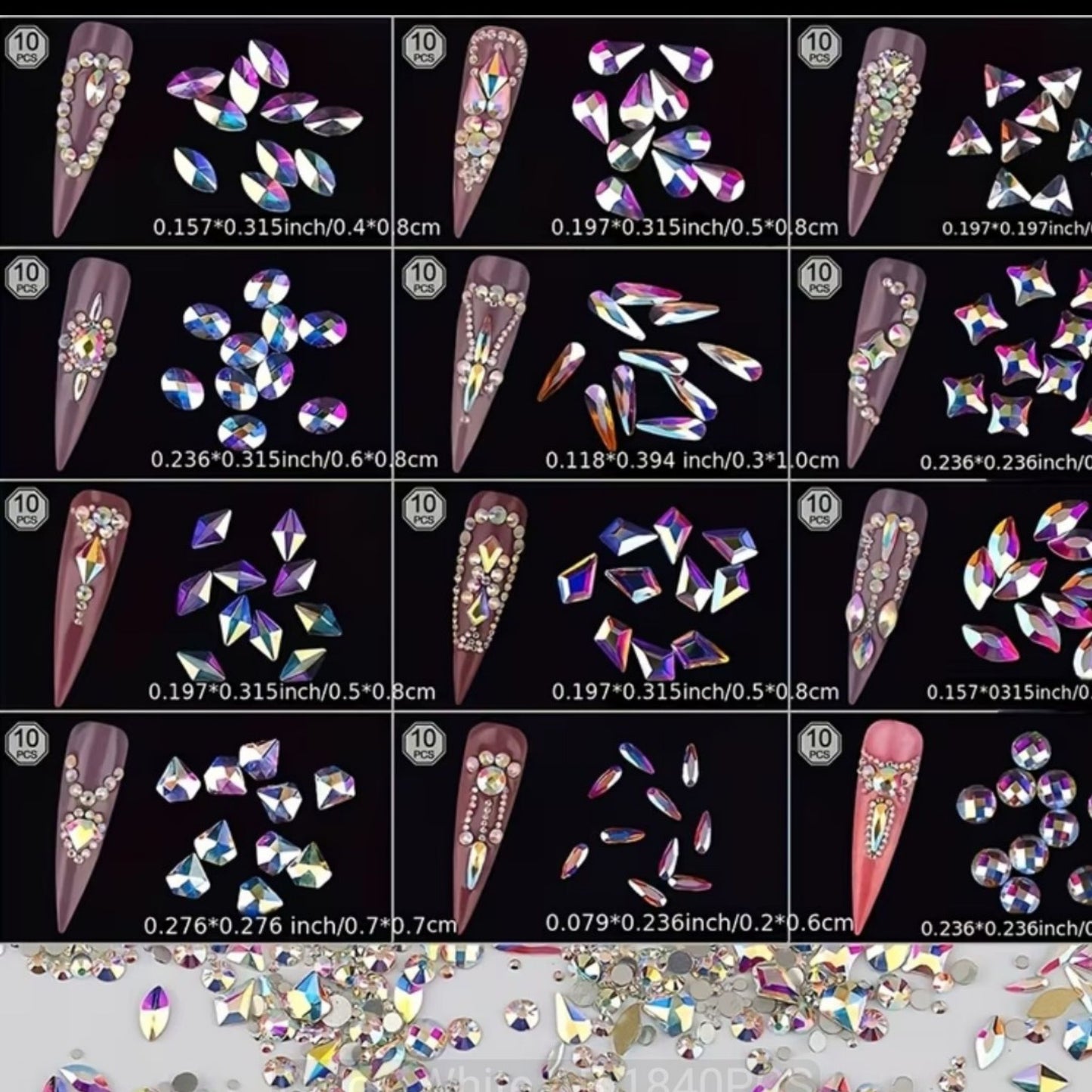 Crystal Glass Rhinestone Set 12 Shapes Flatback Gems with Picker Pencil Tweezers Tool Kit Nail Art Craft DIY