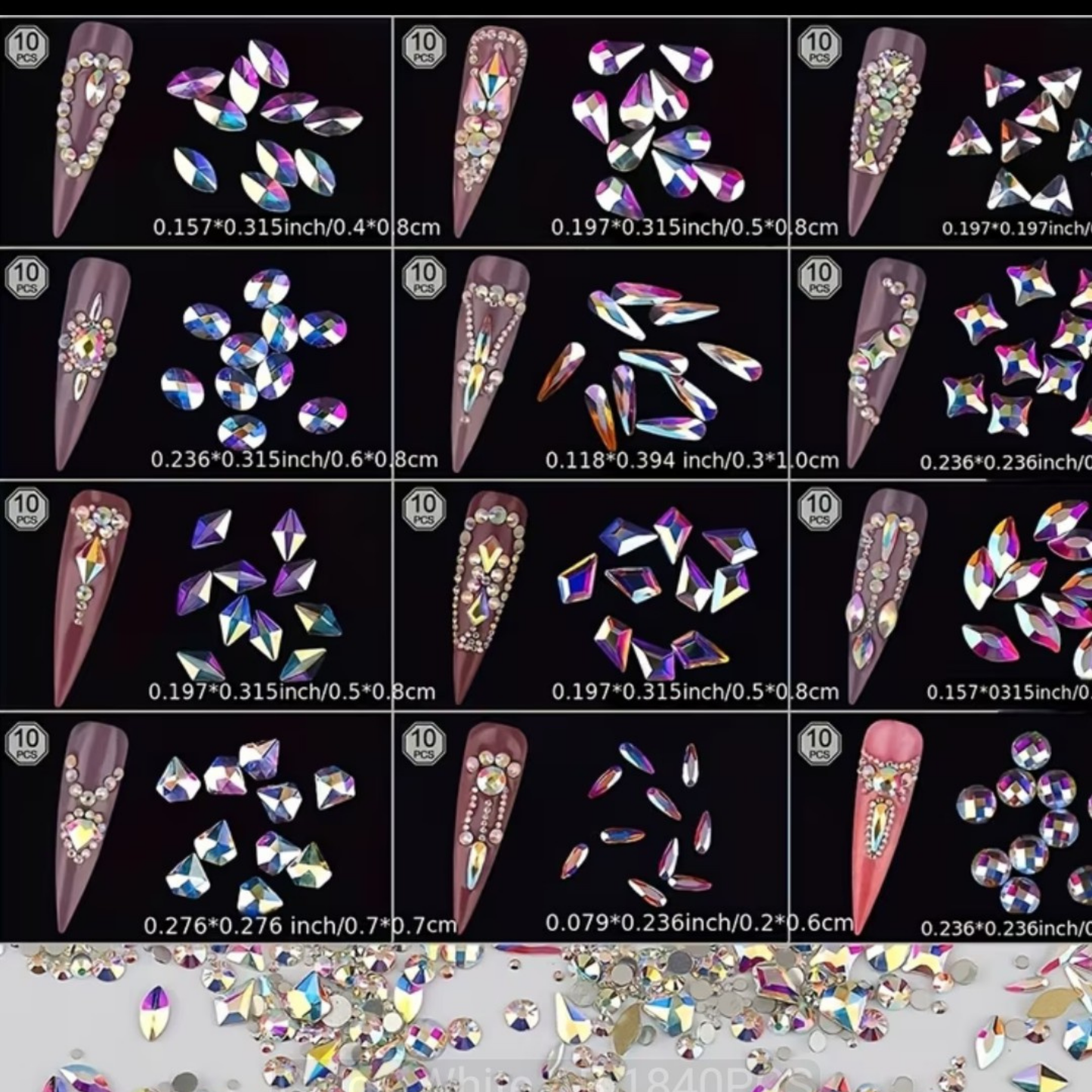 1840 Pcs Luxury Aurora Color Rhinestones Flatback Gems for Nail Art Craft DIY