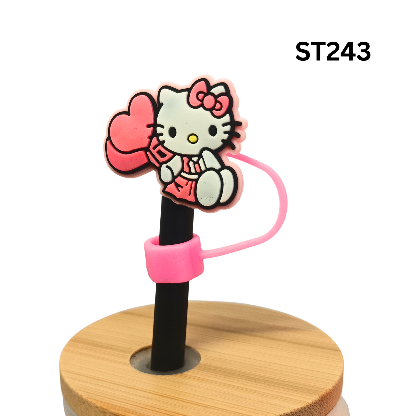Cute Cartoon Kitty Pink Heart Balloons Dress Silicone Straw Cover Cap Dust Proof Plug Decor