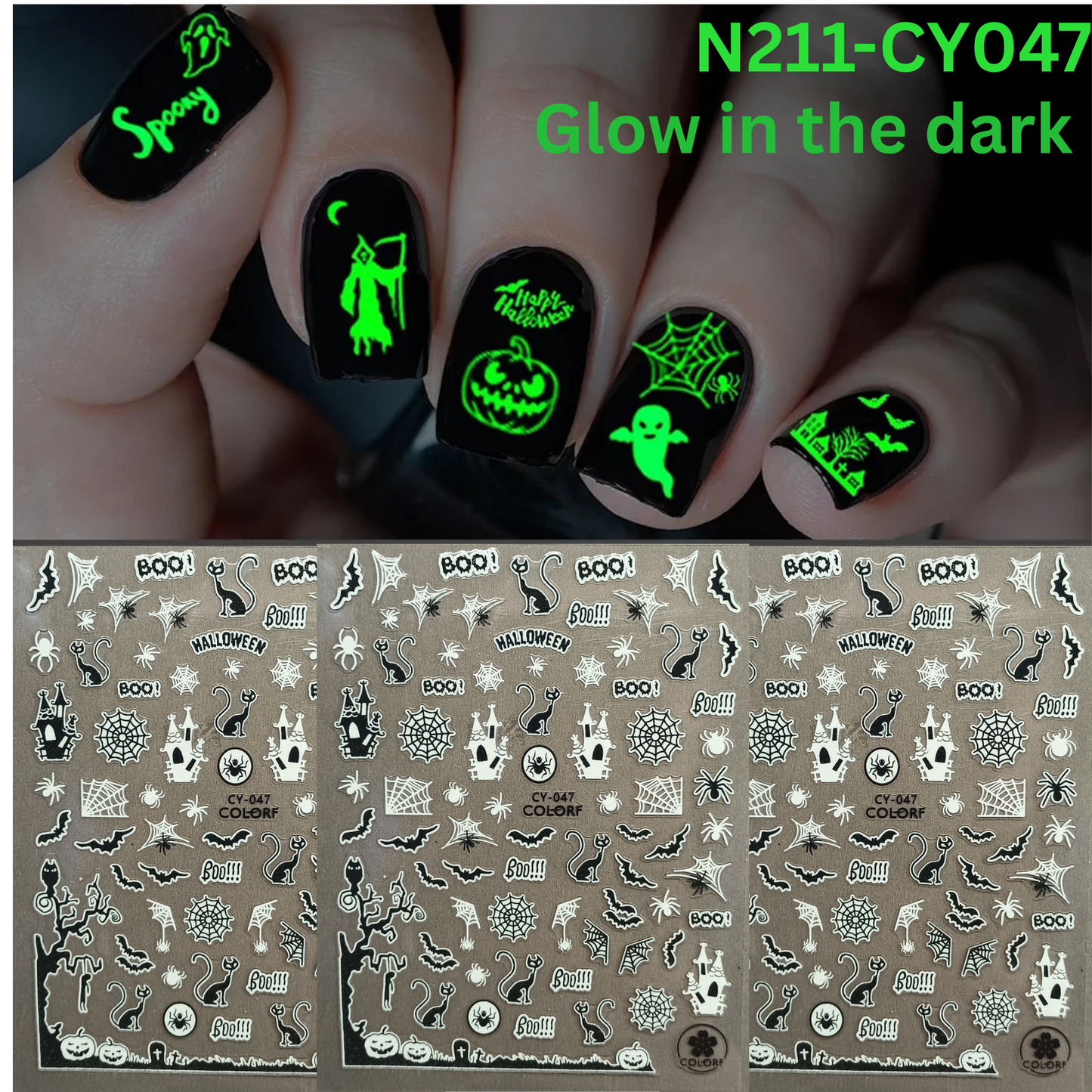 Glow in the Dark Halloween Nail Stickers Spooky Spider Web Cat Bat Pumpkin Decals