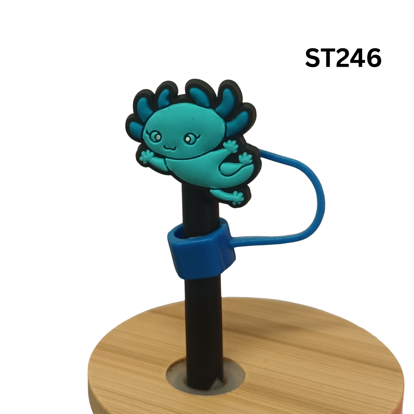 Cute Teal Blue Axolotl Silicone Straw Cover Cap 10mm Dust Proof Topper