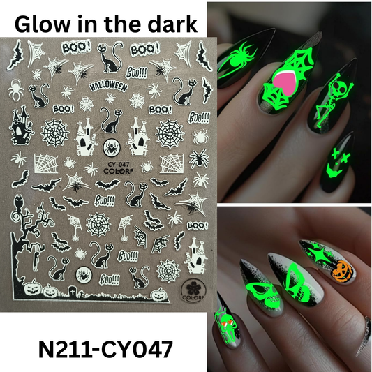 Glow in the Dark Halloween Nail Stickers Spooky Spider Web Cat Bat Pumpkin Decals
