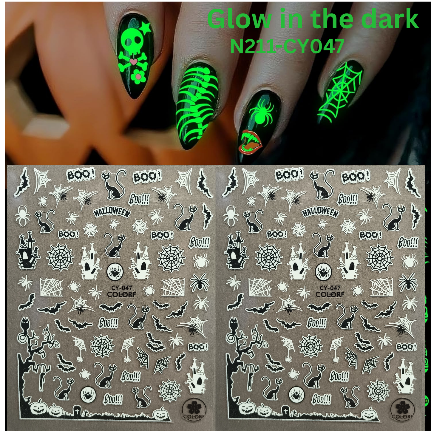 Glow in the Dark Halloween Nail Stickers Spooky Spider Web Cat Bat Pumpkin Decals
