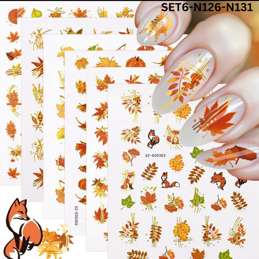 Set of 6 – 3D Maple Leaf Nail Stickers, Autumn Fall Nail Art Decals