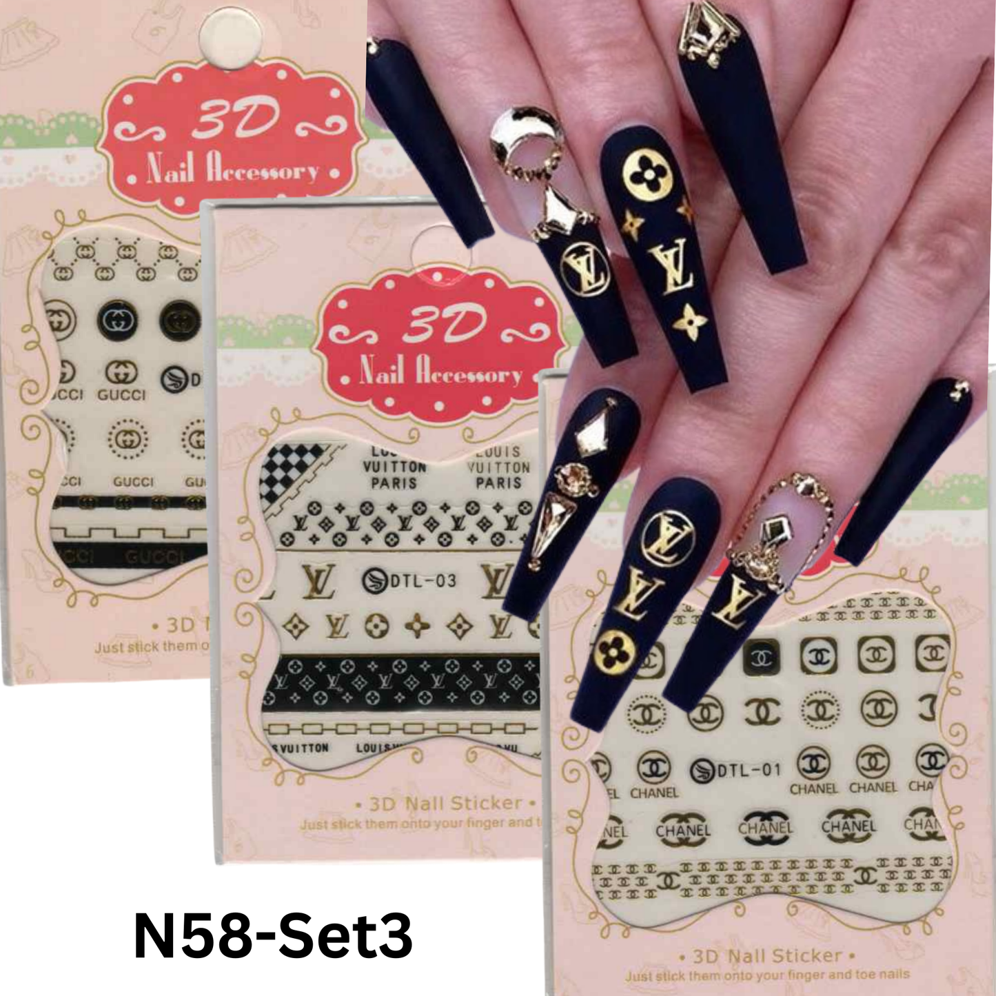 Set Of 3 Nail Sticker Design Black And Gold, 3D Nail Sticker Design