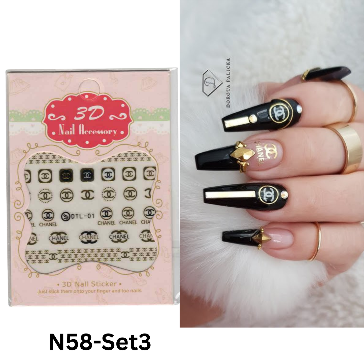 Set Of 3 Nail Sticker Design Black And Gold, 3D Nail Sticker Design