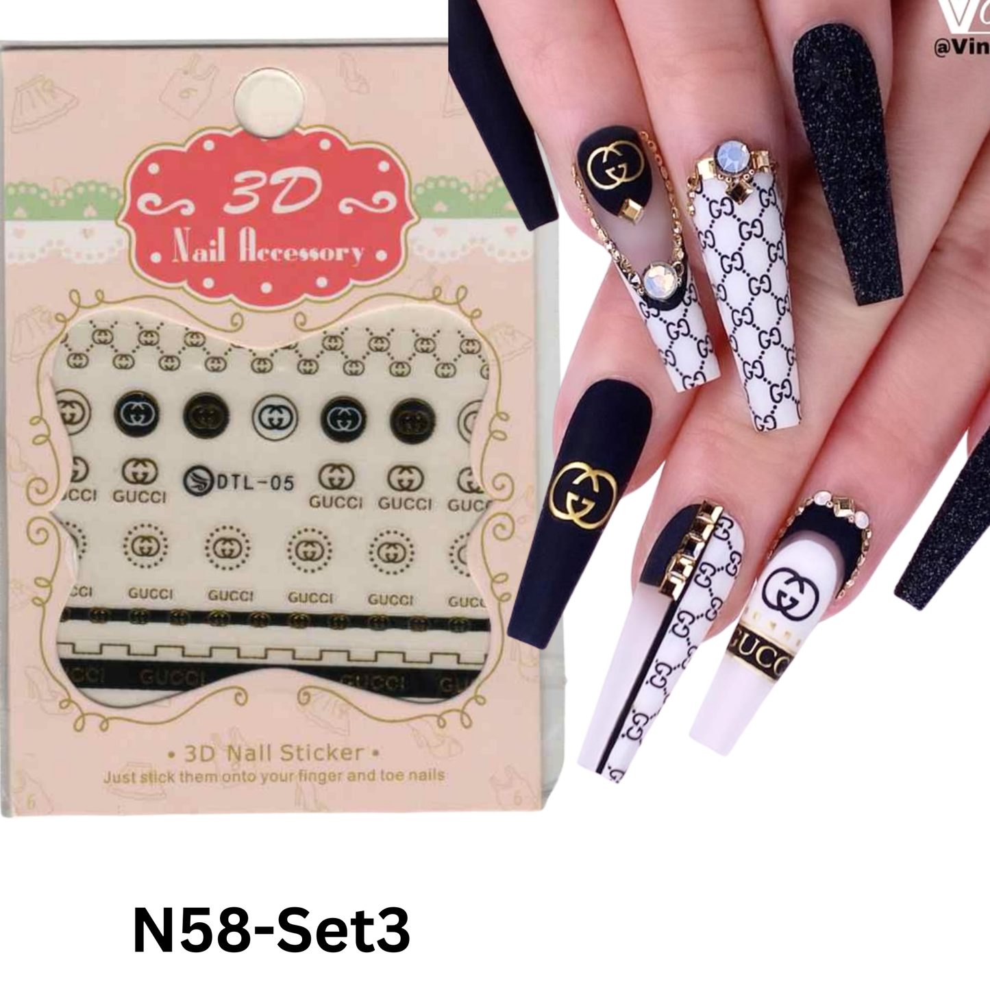 Set Of 3 Nail Sticker Design Black And Gold, 3D Nail Sticker Design