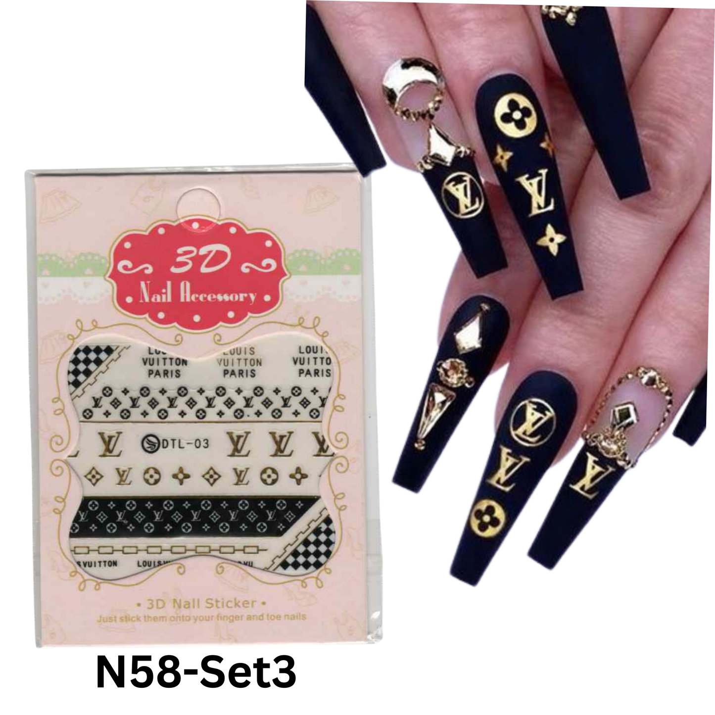 Set Of 3 Nail Sticker Design Black And Gold, 3D Nail Sticker Design