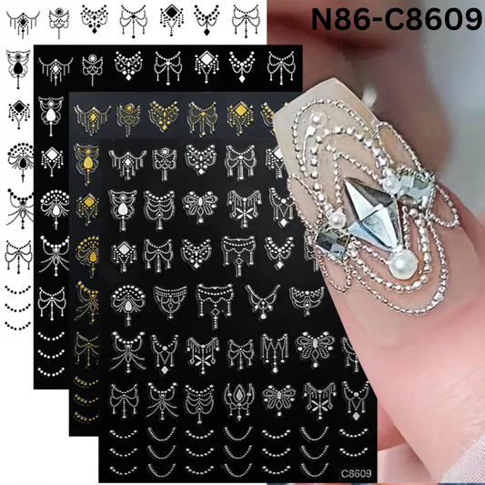 3D Chain Nail Art Stickers – Black, White, Gold, Silver Jewelry Design