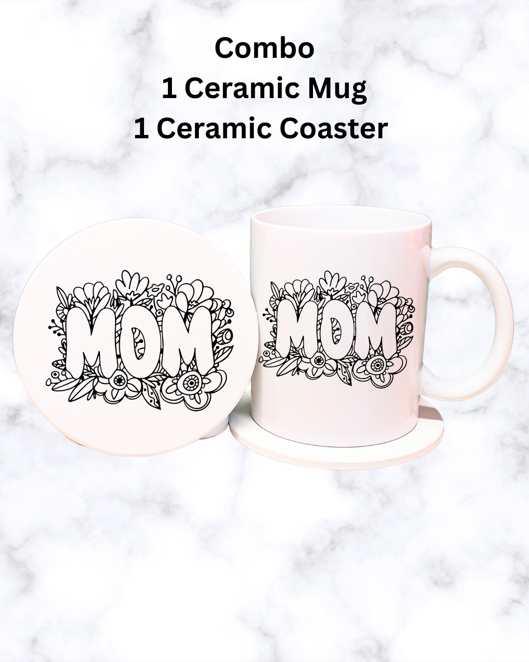 Ceramic Mug Set, Floral Mom Mug with Matching Coaster Gift Idea , Mothers Day Gift