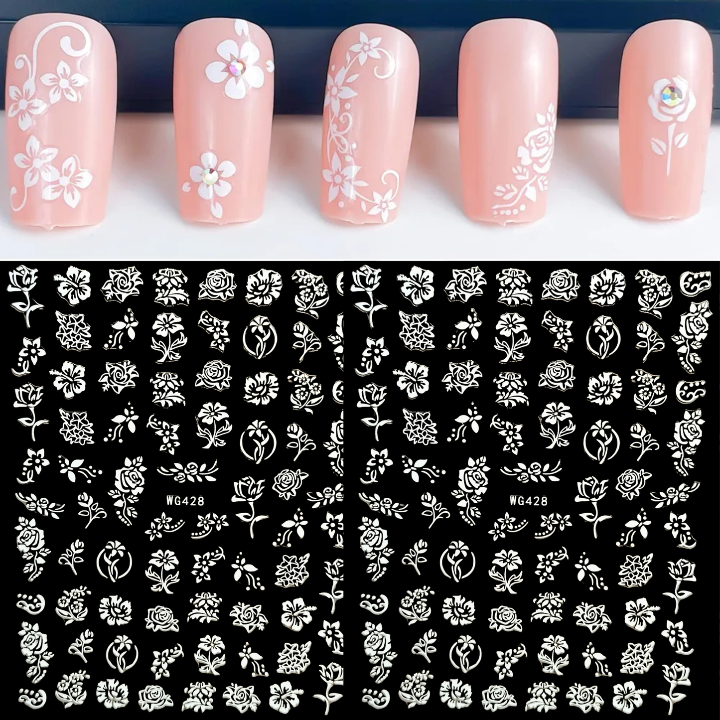3D White Flower Nail Art Stickers - Embossed Floral Rose Decals - Self-Adhesive DIY Manicure Decoration