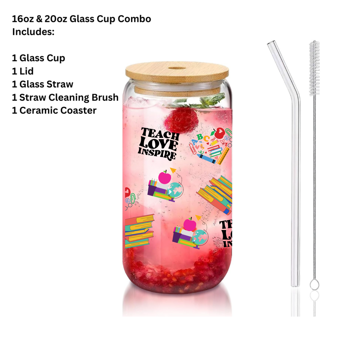 Teacher Love Inspire Glass Cup, Personalized Glass Cup 16oz & 20oz Tea, Coffee, Smoothie Glass,  Perfect for gift,Home, Office, Party