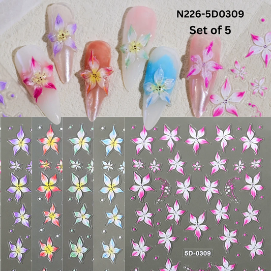 5D Acrylic Embossed Nail Art Stickers - Colorful Flower & Petal Designs - Ultra Textured Self-Adhesive Decals