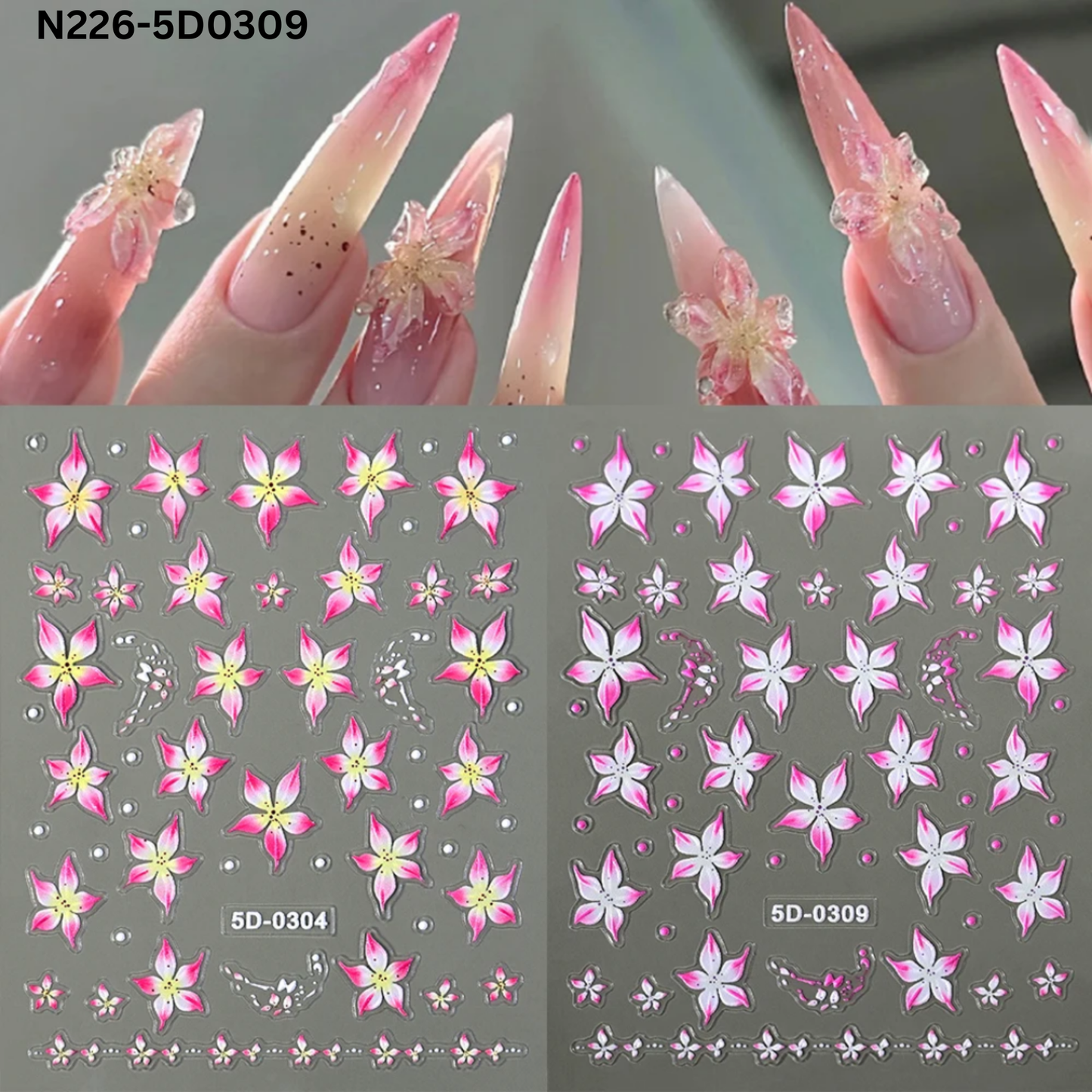 5D Acrylic Embossed Nail Art Stickers - Colorful Flower & Petal Designs - Ultra Textured Self-Adhesive Decals