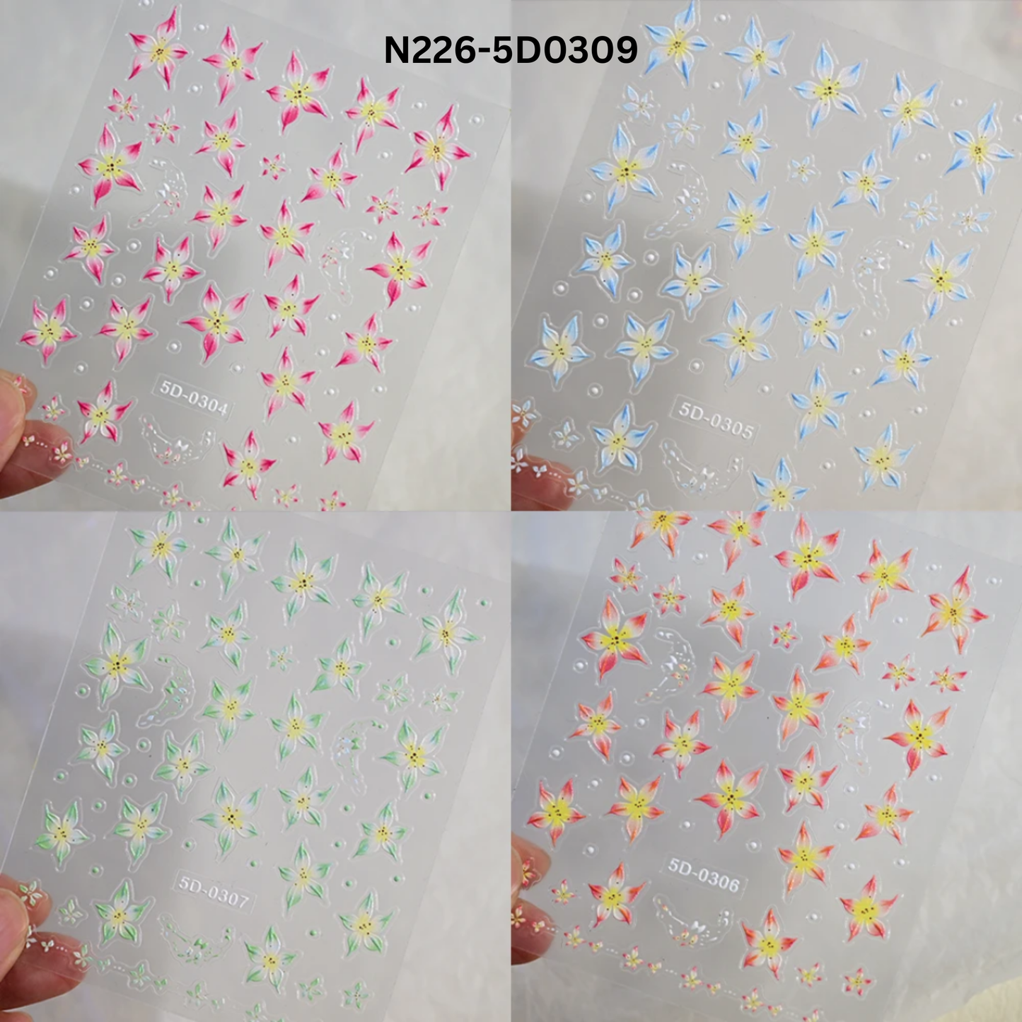 5D Acrylic Embossed Nail Art Stickers - Colorful Flower & Petal Designs - Ultra Textured Self-Adhesive Decals