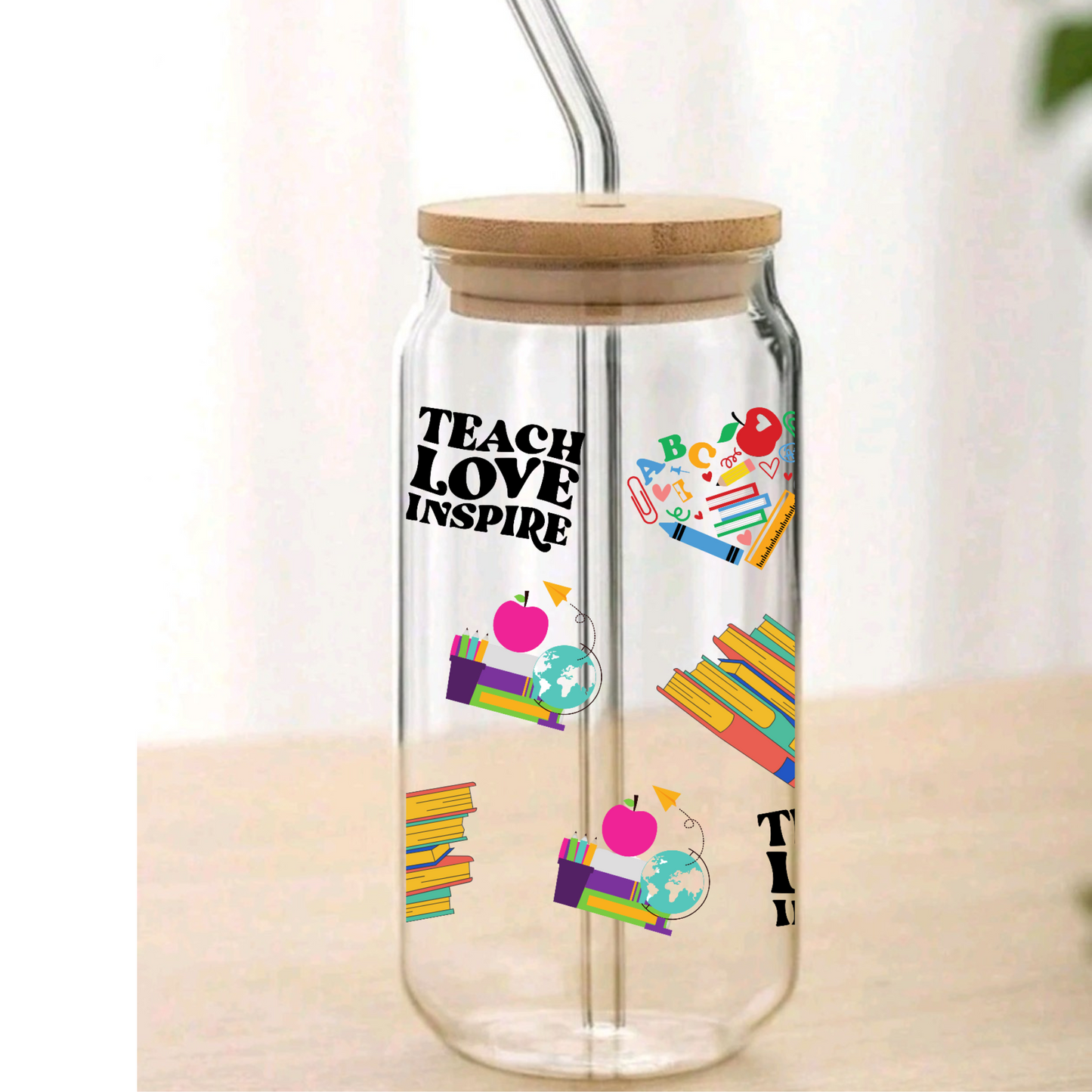 Teacher Love Inspire Glass Cup, Personalized Glass Cup 16oz & 20oz Tea, Coffee, Smoothie Glass,  Perfect for gift,Home, Office, Party