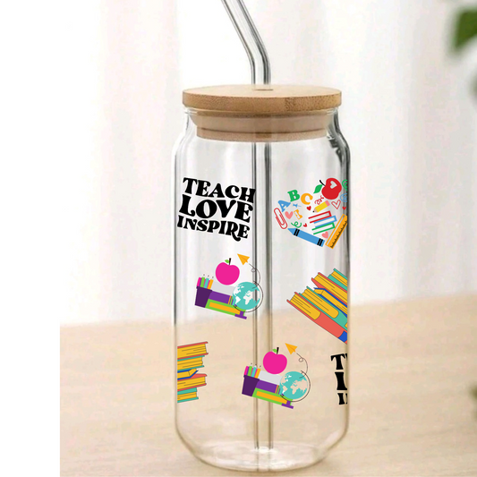 Teacher Love Inspire Glass Cup, Personalized Glass Cup 16oz & 20oz Tea, Coffee, Smoothie Glass,  Perfect for gift,Home, Office, Party